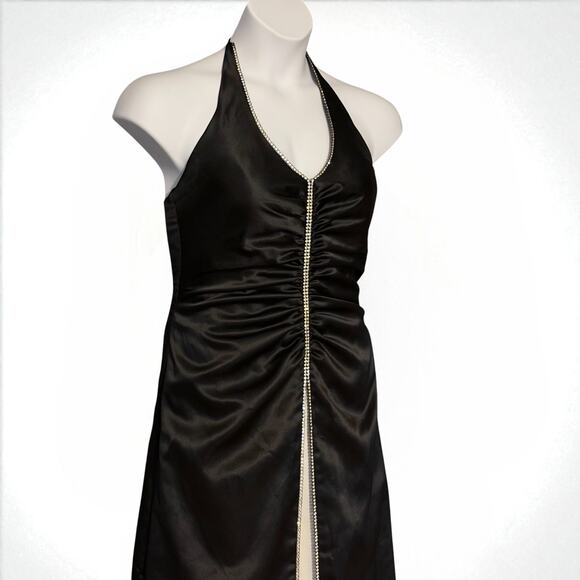 Vintage 80s Jump Apparel Black Halter Prom Gown 11/12 Rhinestone Trim Crinoline - Picture 3 of 16